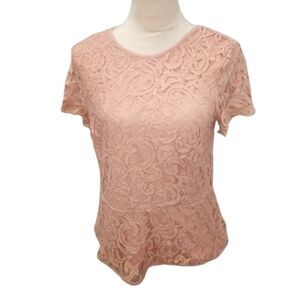 Adrianna Papell Blush Pink Lace Overlay Peplum Blouse  size M
